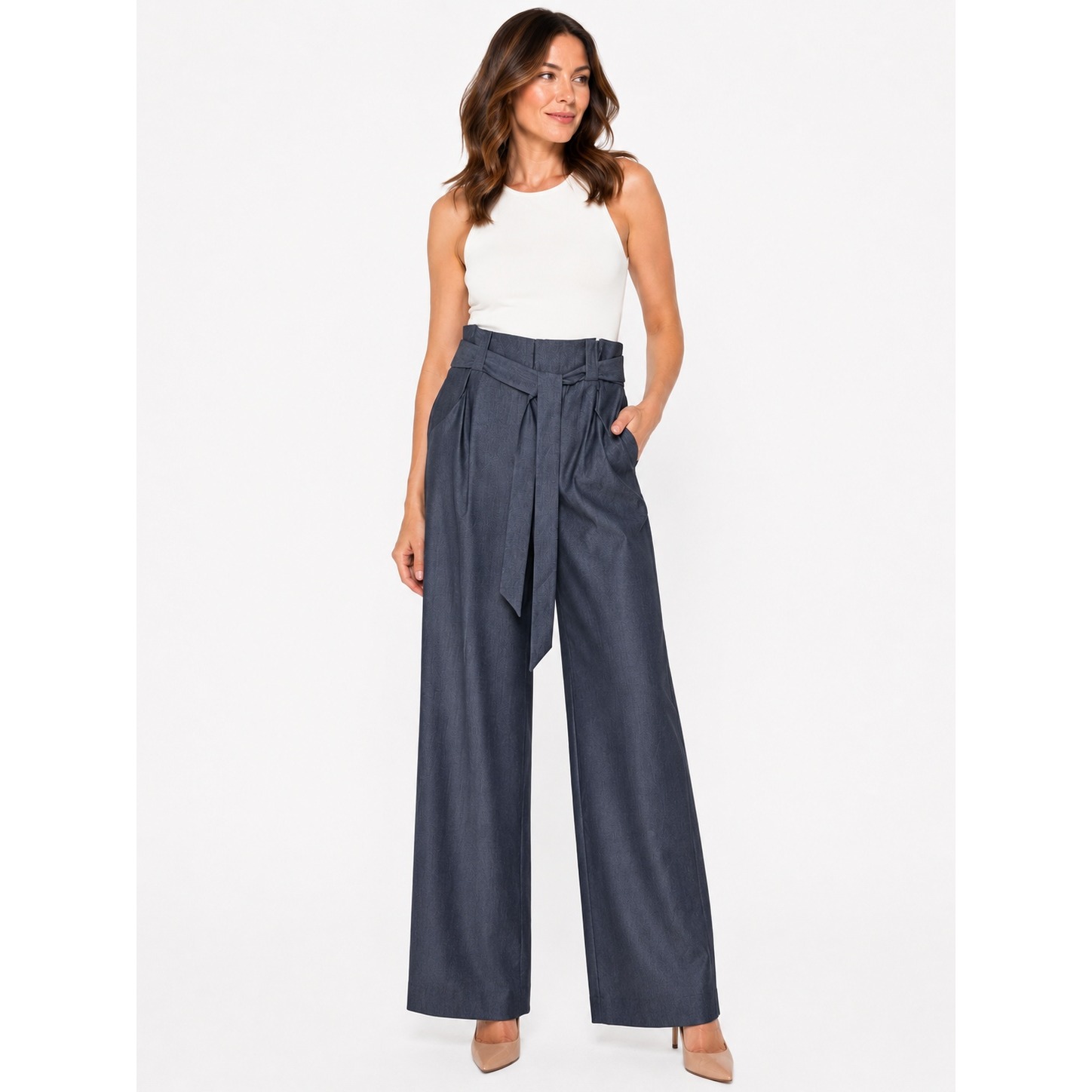 Billy + Blues Pants Womens 12 Gray Wide Leg Trousers Paperbag Waist Belted